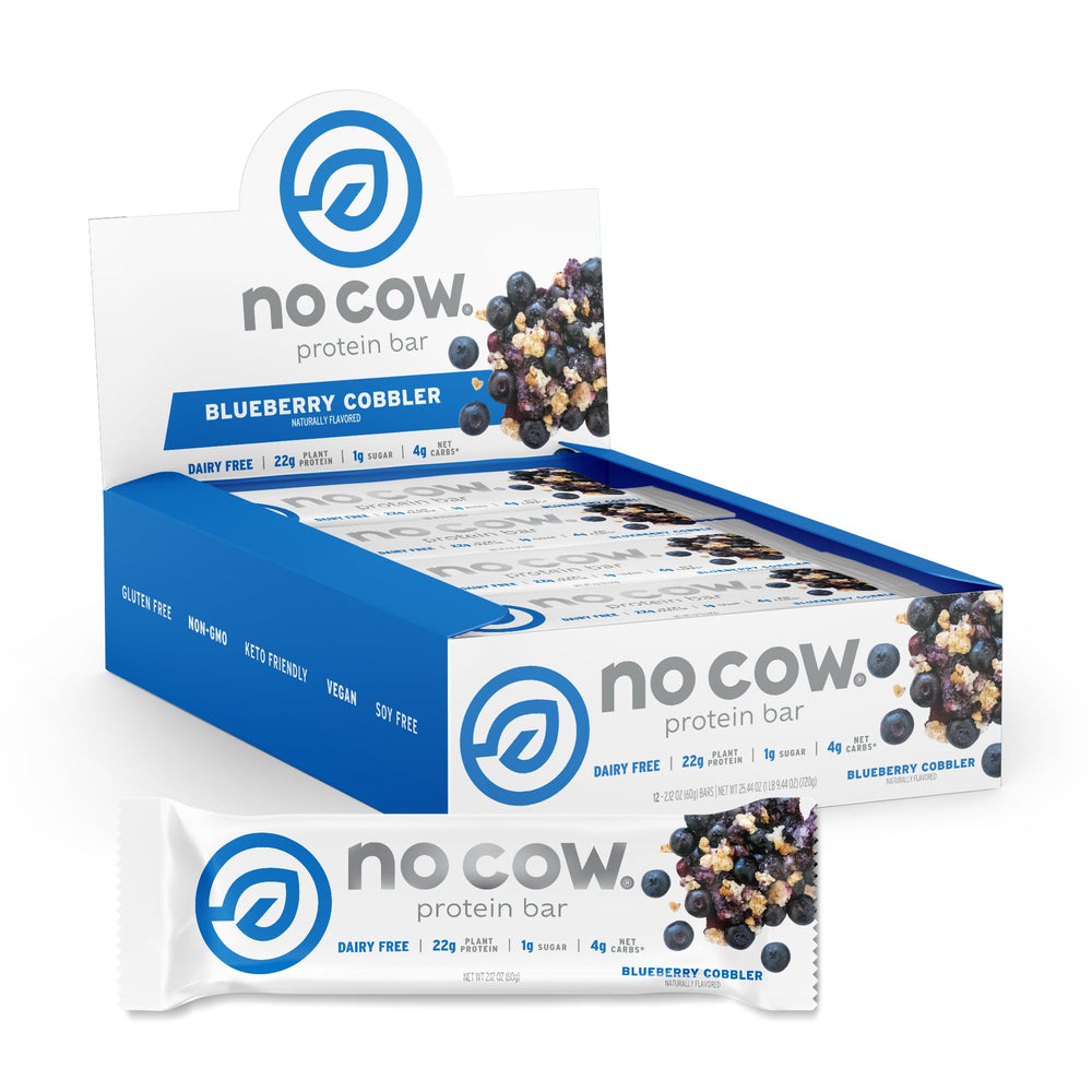 No Cow Blueberry Cobbler bar packshot, protein-packed dairy-free snack for active days