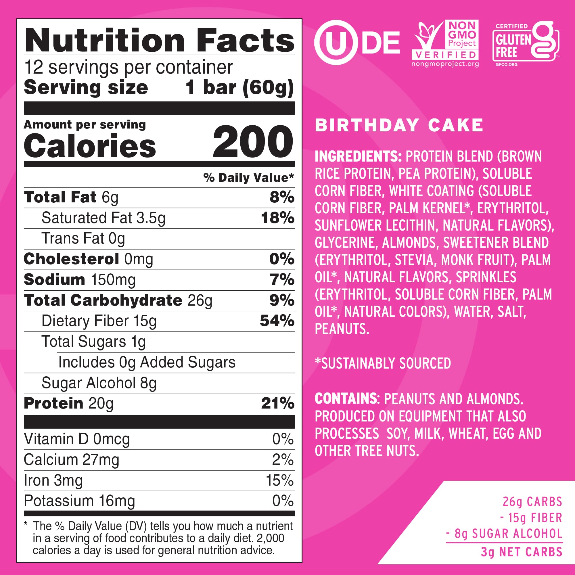 No Cow Upgraded Birthday Cake bar closeup, cake flavor with high-protein satisfaction