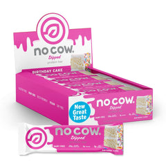 No Cow Upgraded Birthday Cake vegan protein bar wrapped, ideal on-the-go energy