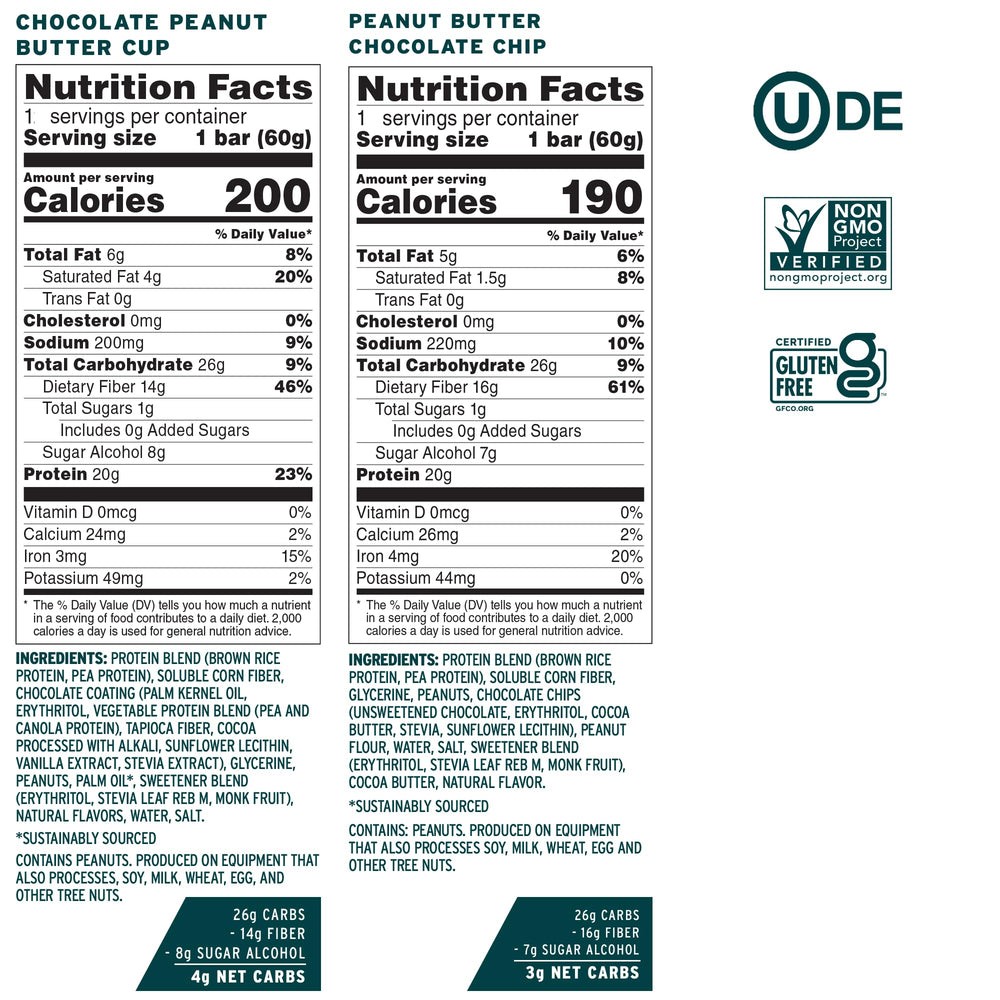 No Cow vegan protein bar label closeup highlighting 20g protein per bar.