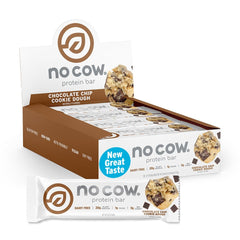 No Cow vegan protein bars in upgraded chocolate chip cookie dough flavor, appealing texture and taste.