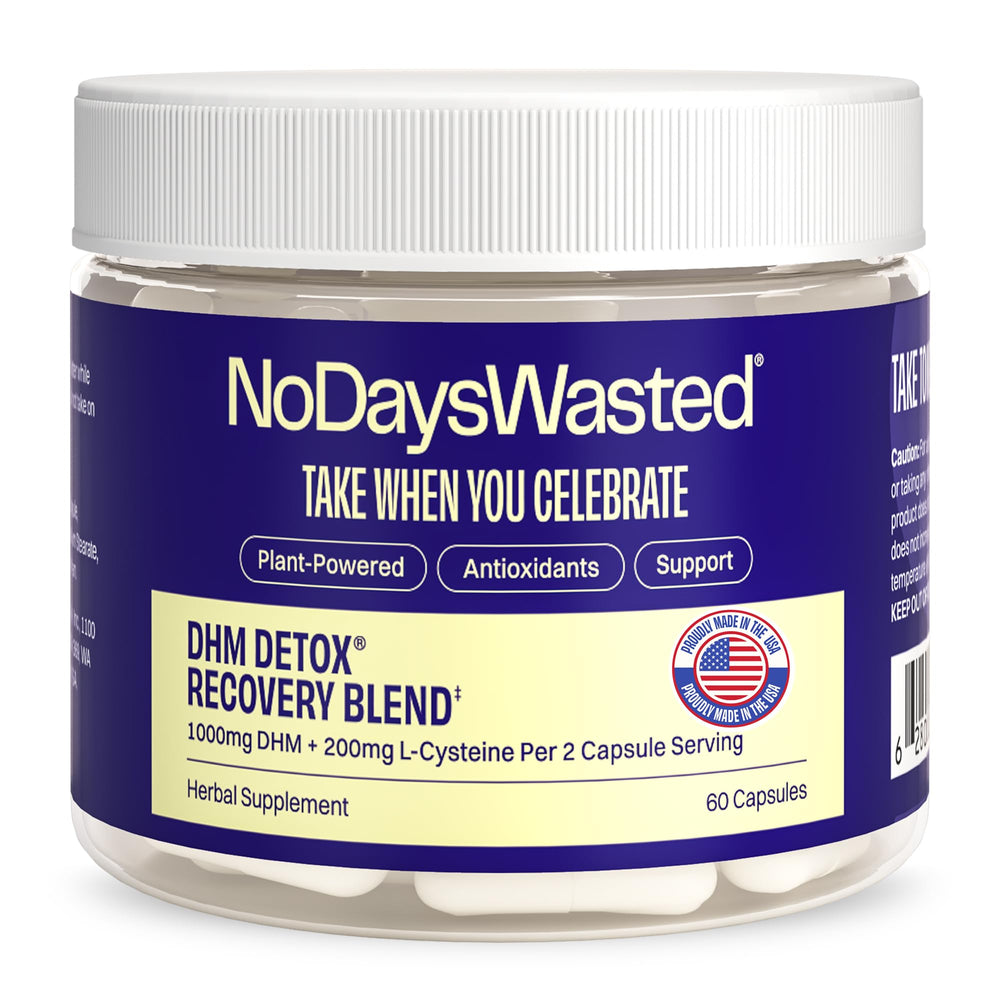 No Days Wasted DHM Detox bottle shown for next-day freshness after a night out.