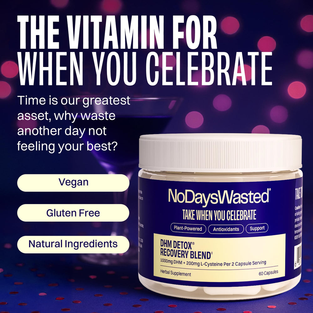 No Days Wasted DHM Detox capsules, easy to take and travel-friendly.