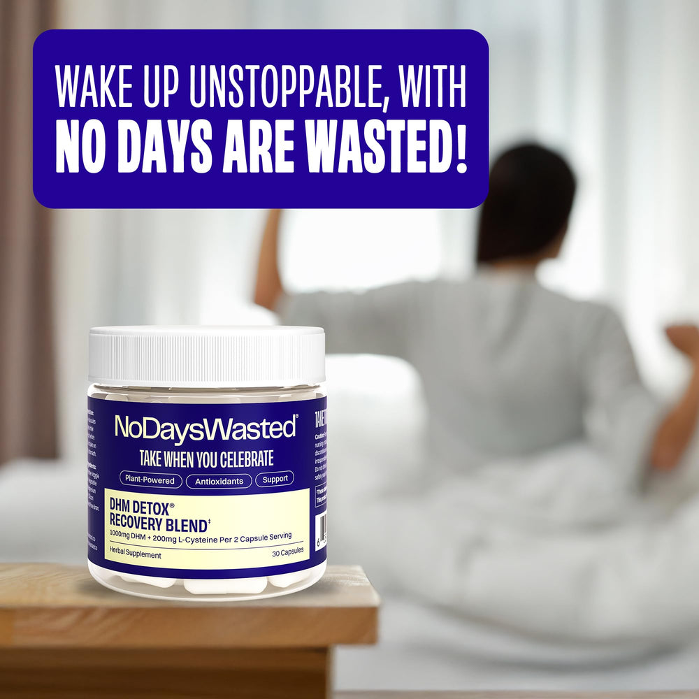 No Days Wasted DHM Detox label closeup emphasizing science-backed ingredients and 15 servings.