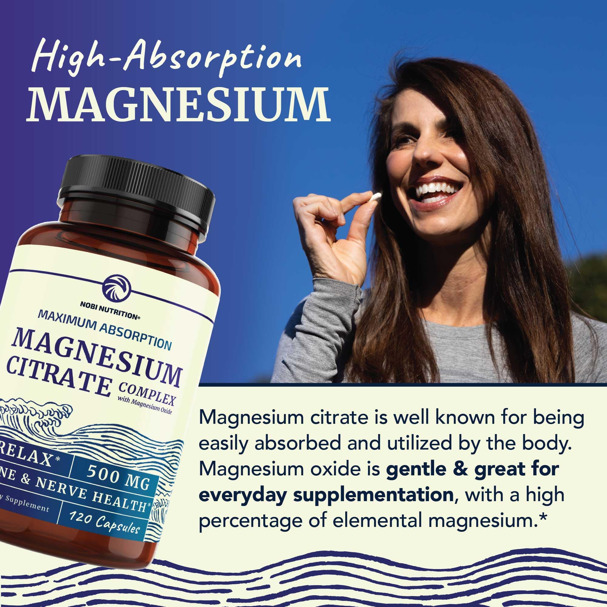 Nobi Magnesium Citrate 500mg bottle label close-up with dosage details for informed use