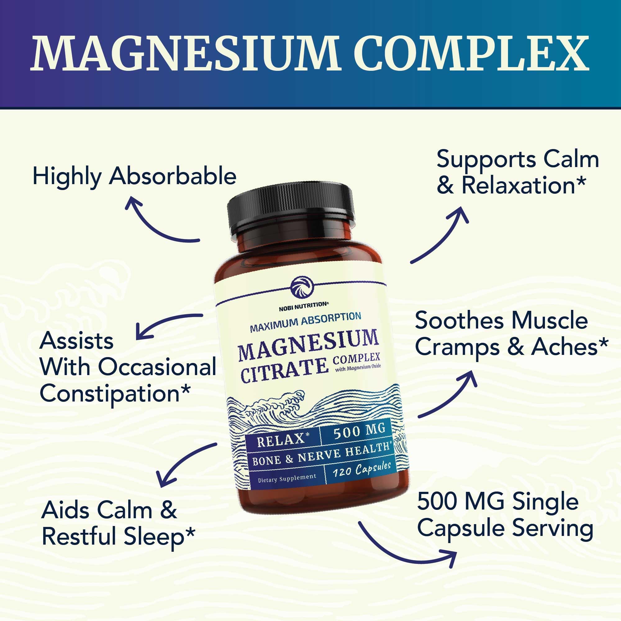 Nobi Magnesium Citrate 500mg capsules close-up; gentle on digestion and easy to take