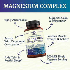 Nobi Magnesium Citrate 500mg capsules close-up; gentle on digestion and easy to take