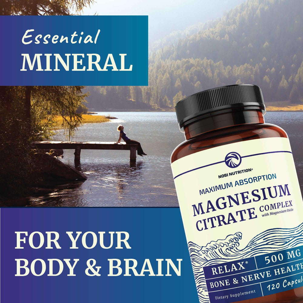 Nobi Magnesium Citrate 500mg packaging showing gluten-free and soy-free suitability for sensitive diets