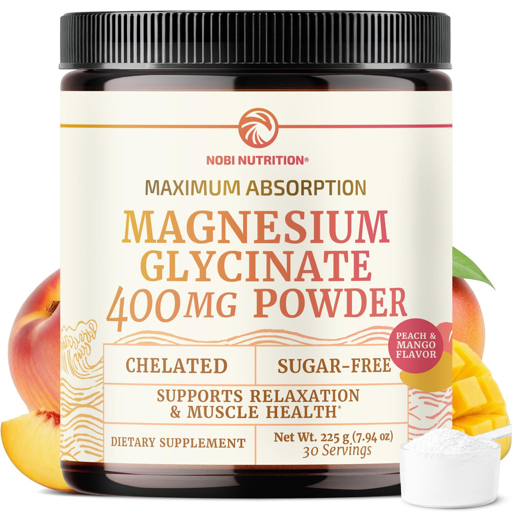Nobi Nutrition Magnesium Glycinate Powder jar label showing 400 mg elemental magnesium per serving for daily support.