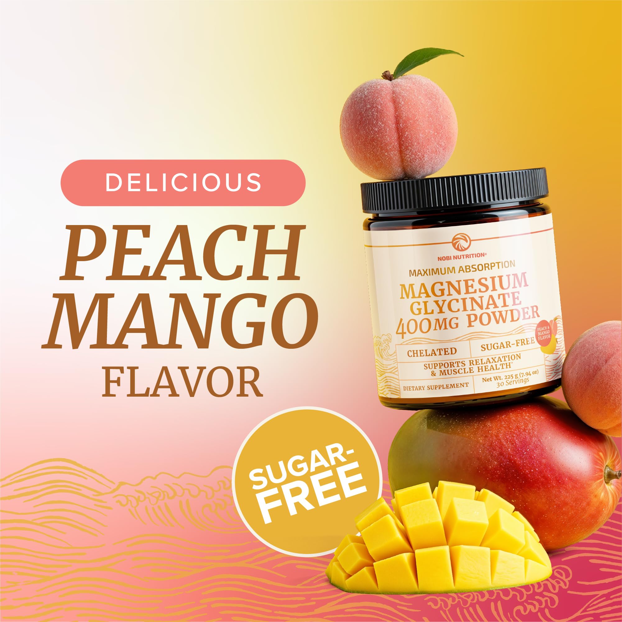 Nobi Nutrition Peach Mango flavor powder highlights sugar-free, tasty option for evening routines.