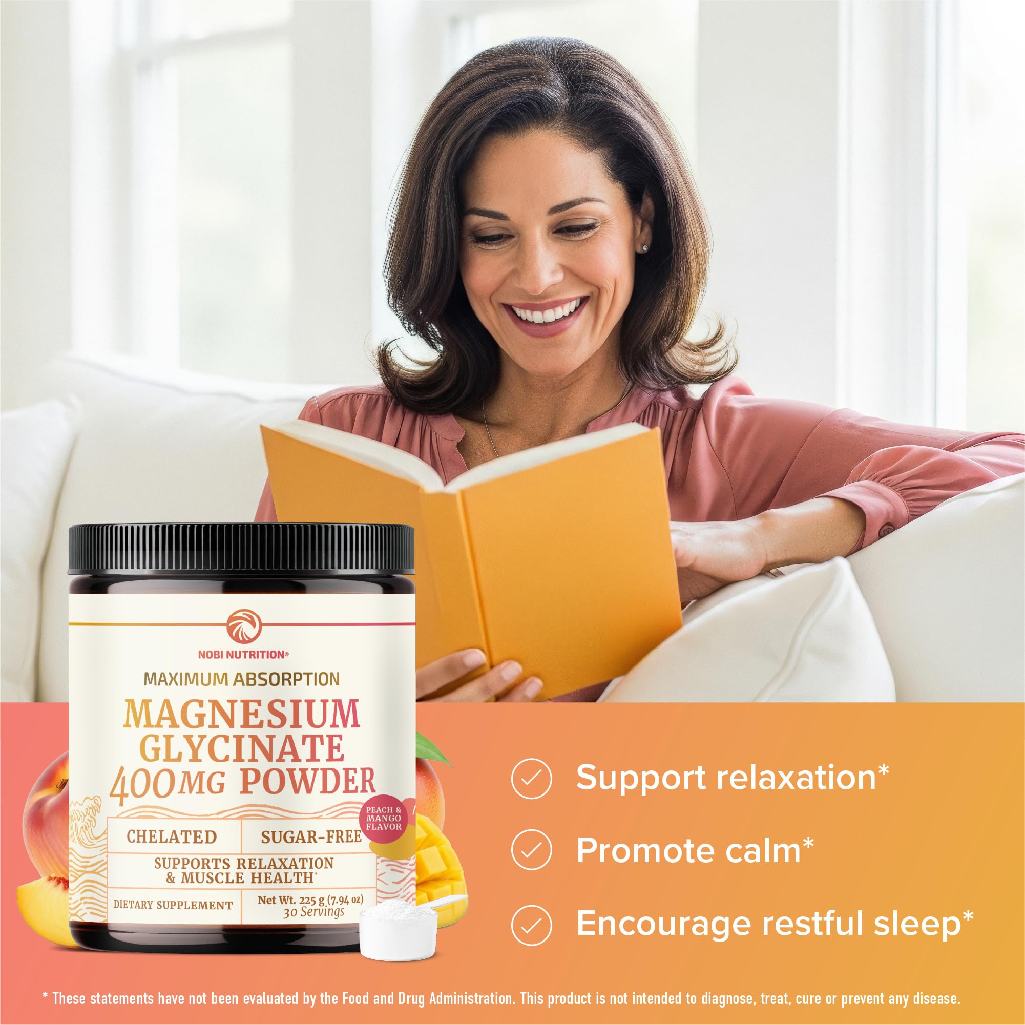 Nobi Nutrition Magnesium Glycinate powder with scoop enables simple daily dosing.
