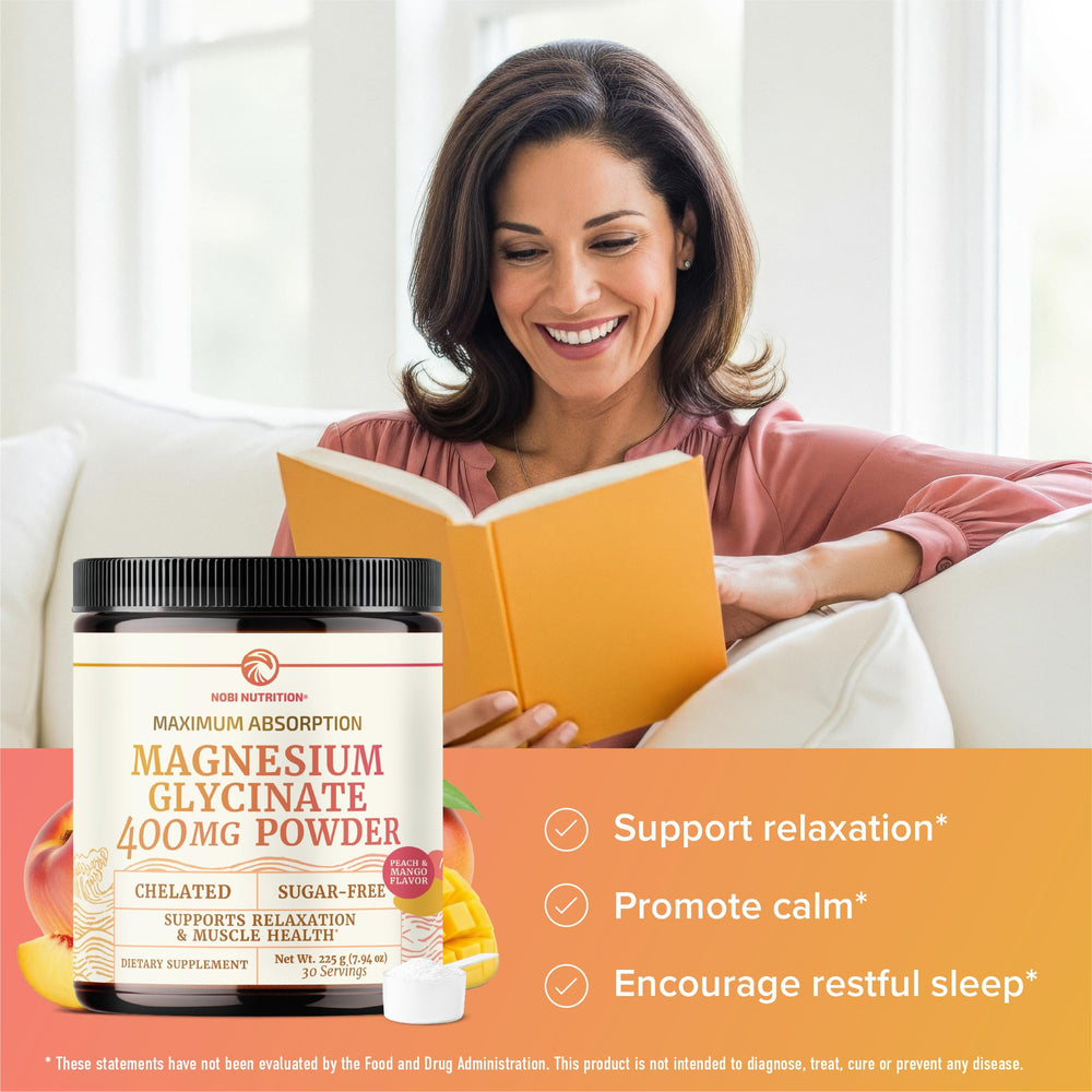 Nobi Nutrition Magnesium Glycinate powder with scoop enables simple daily dosing.