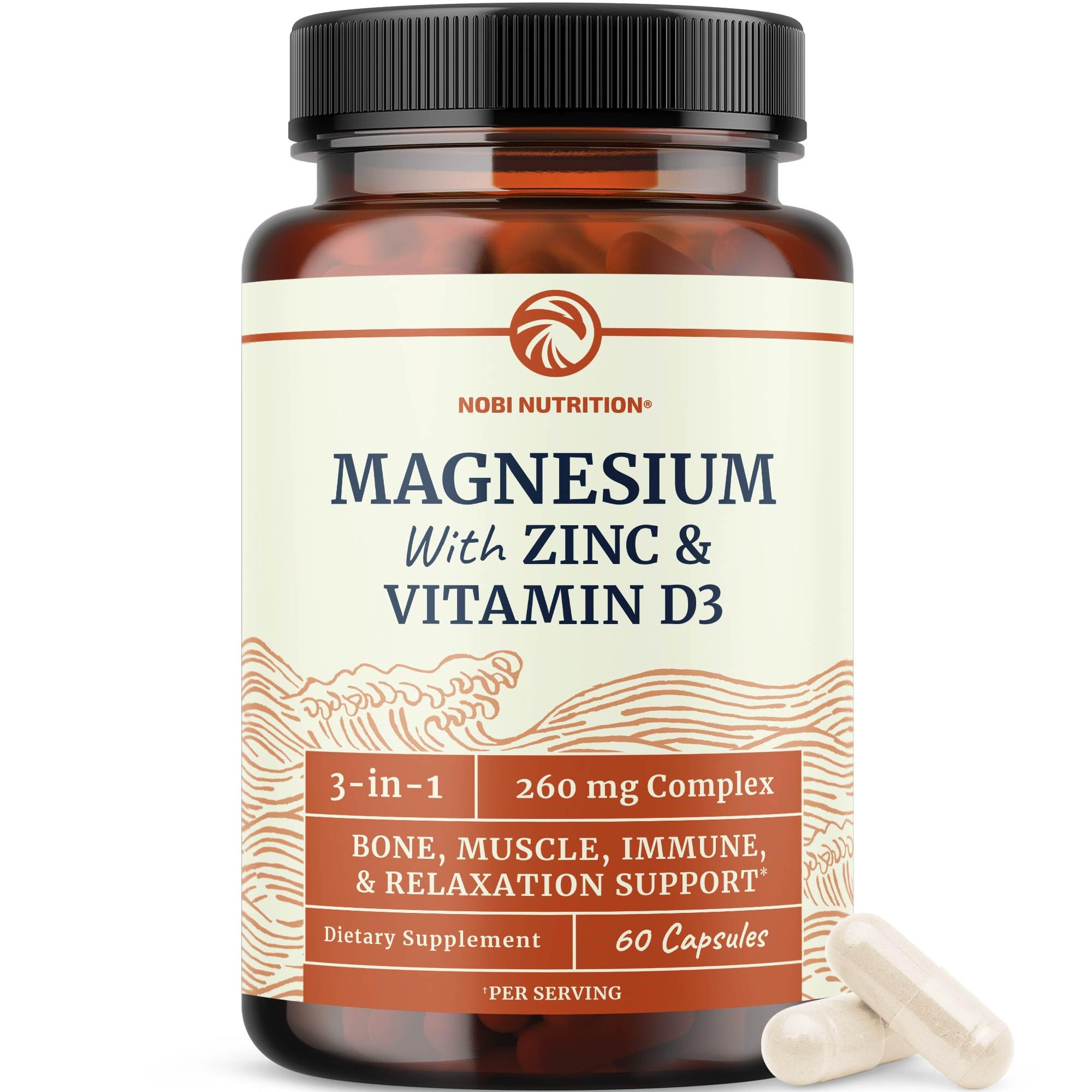 Nobi Nutrition magnesium zinc d3 bottle front supports daily balance.