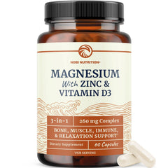 Nobi Nutrition magnesium zinc d3 bottle front supports daily balance.
