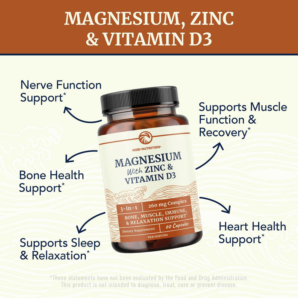 Nobi Nutrition magnesium zinc d3 bottle label detail shows ingredients.