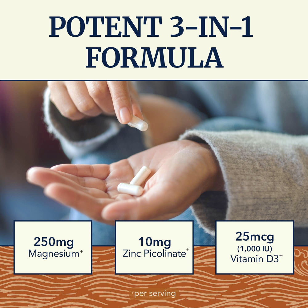 Nobi Nutrition magnesium zinc d3 capsules closeup highlights high absorption formula.