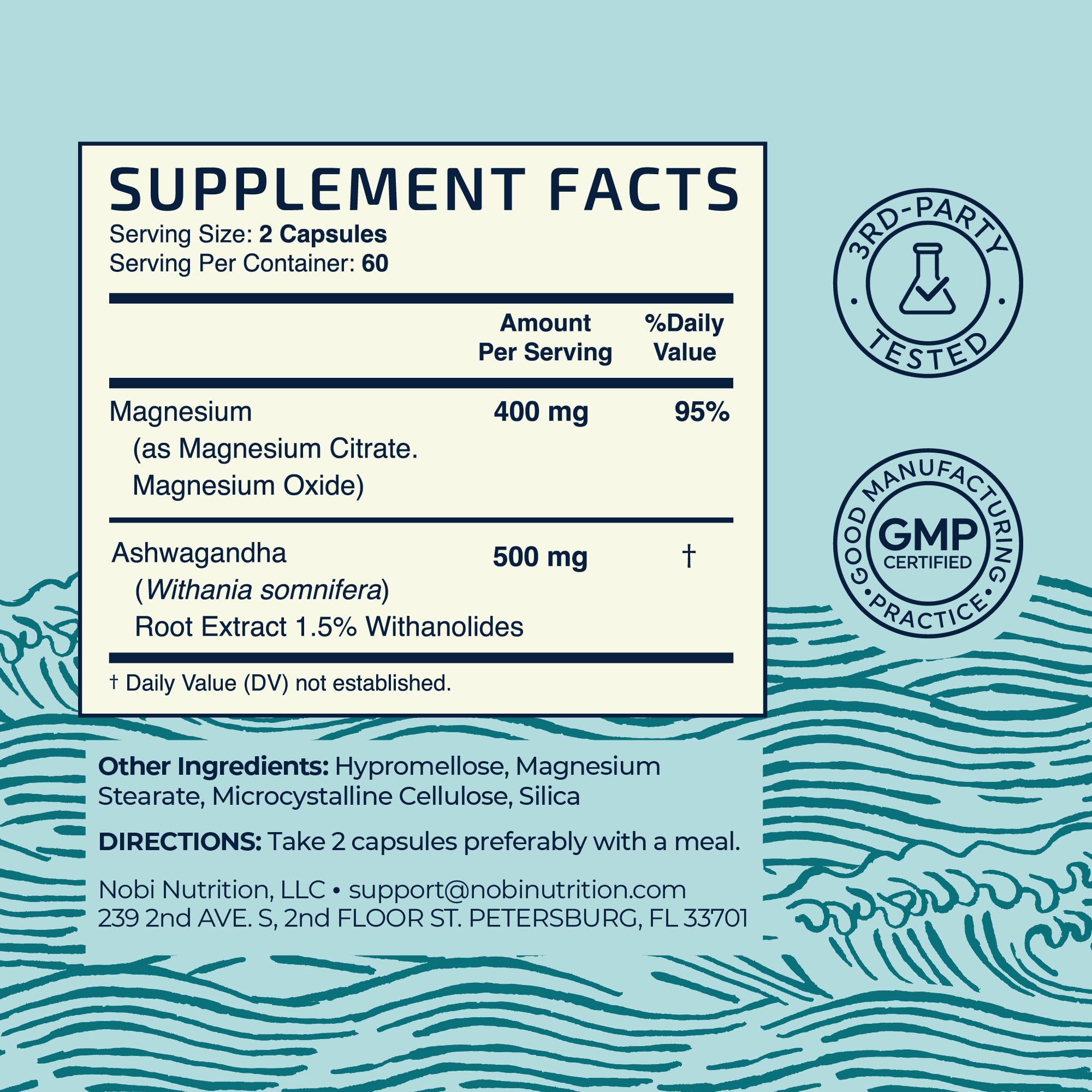 Nobi Nutrition bottle back label with quality and allergen-free details.