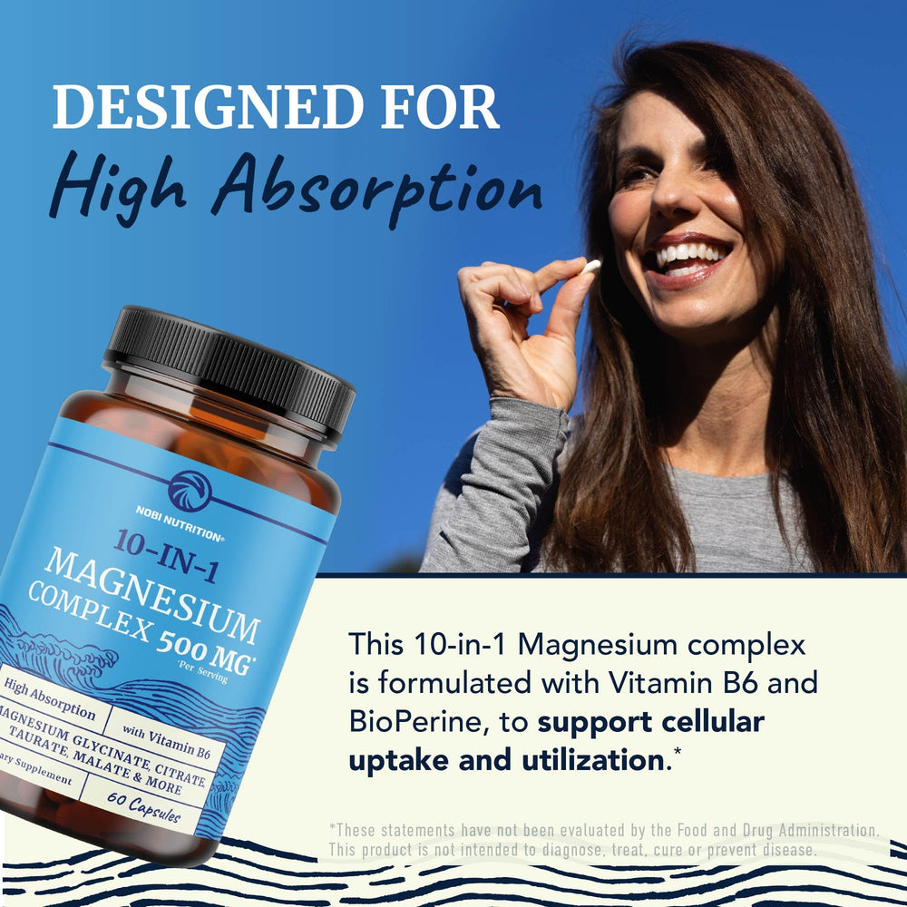 Nobi Nutrition magnesium bottle label front emphasizes non-GMO and gluten-free claims.