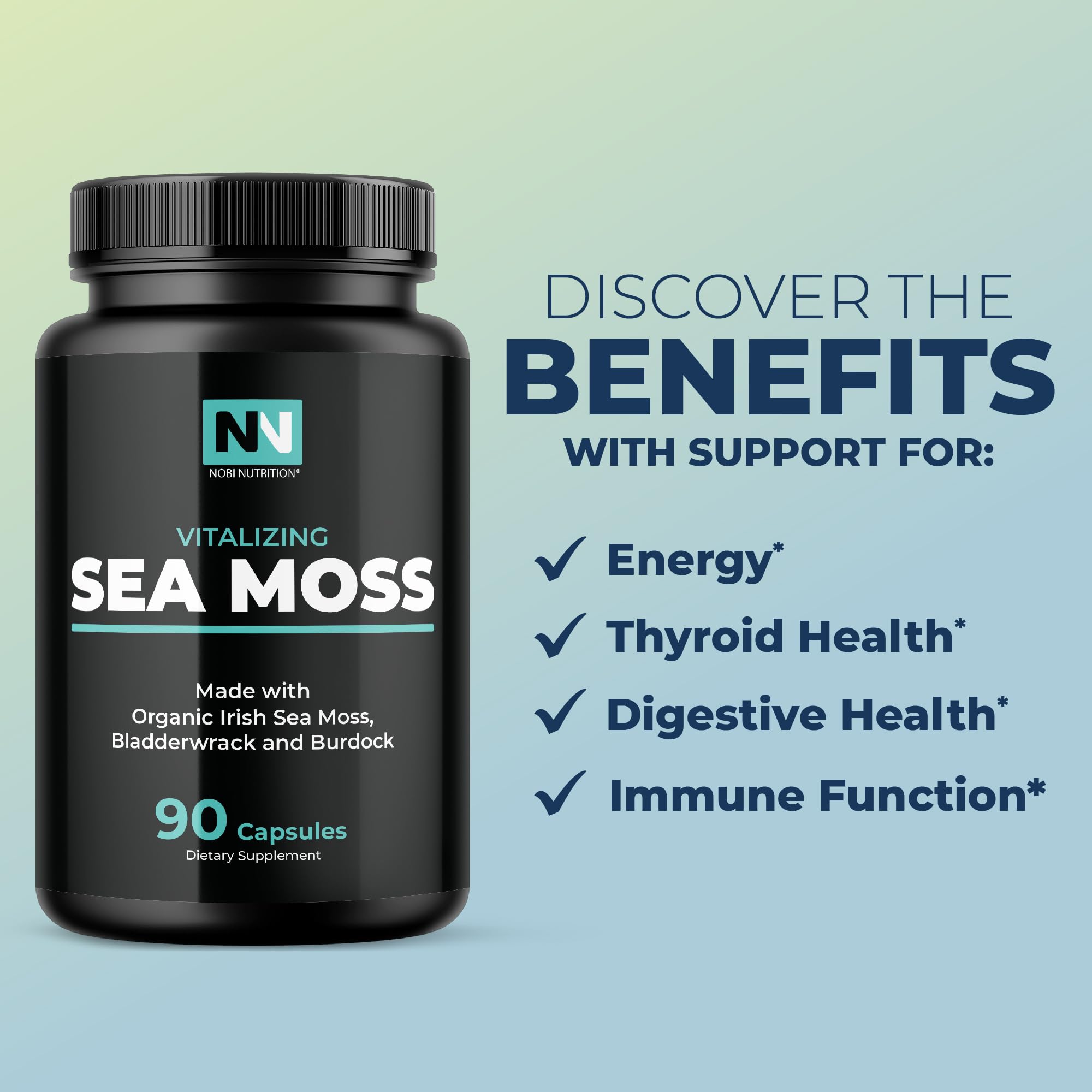 Nobi Nutrition capsules closeup showing 1300mg sea moss complex per serving