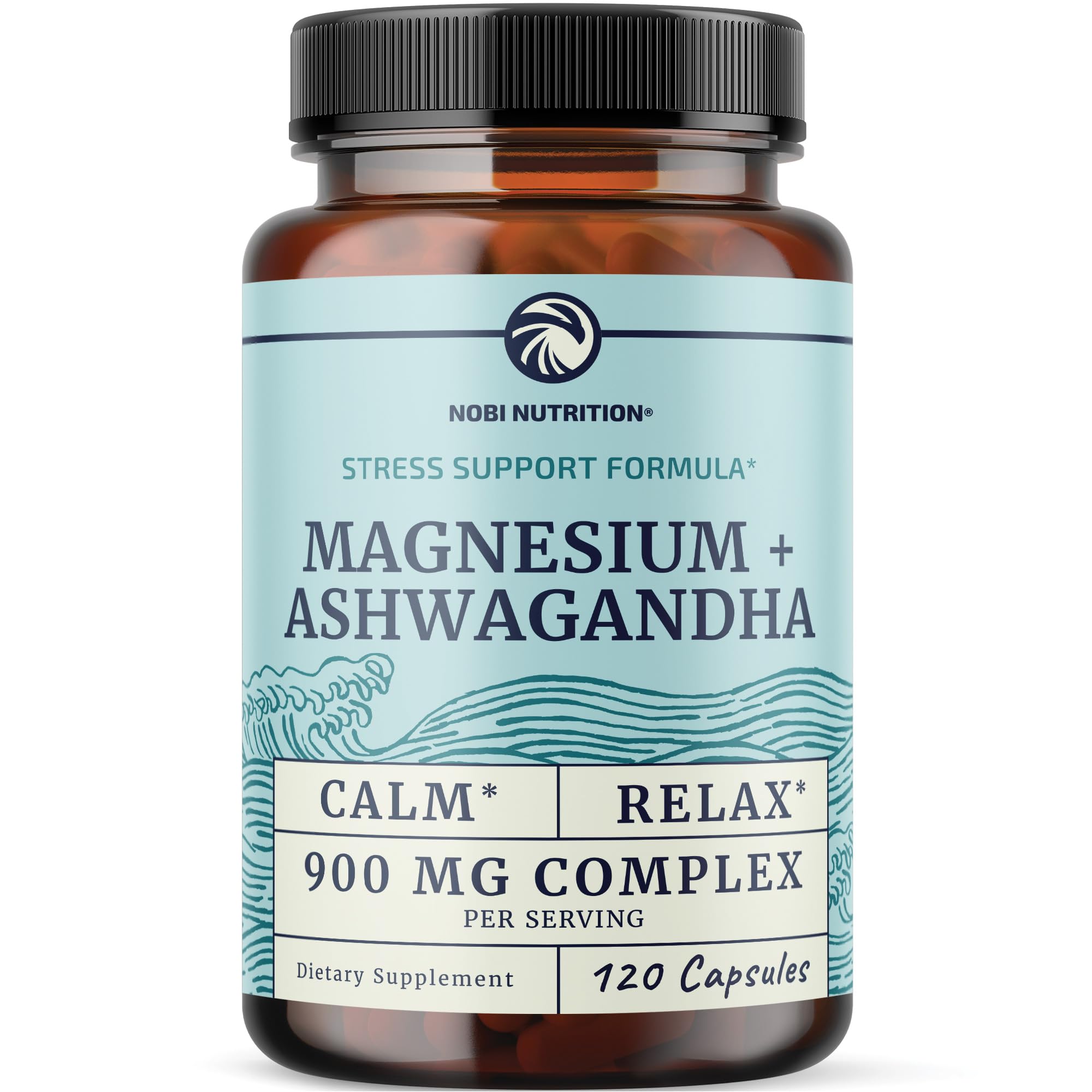 Nobi Nutrition Magnesium Ashwagandha bottle for easy daily calm and rest.