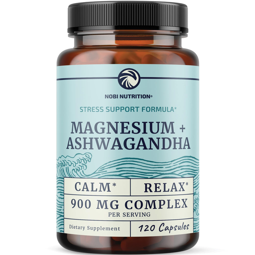 Nobi Nutrition Magnesium Ashwagandha bottle for easy daily calm and rest.