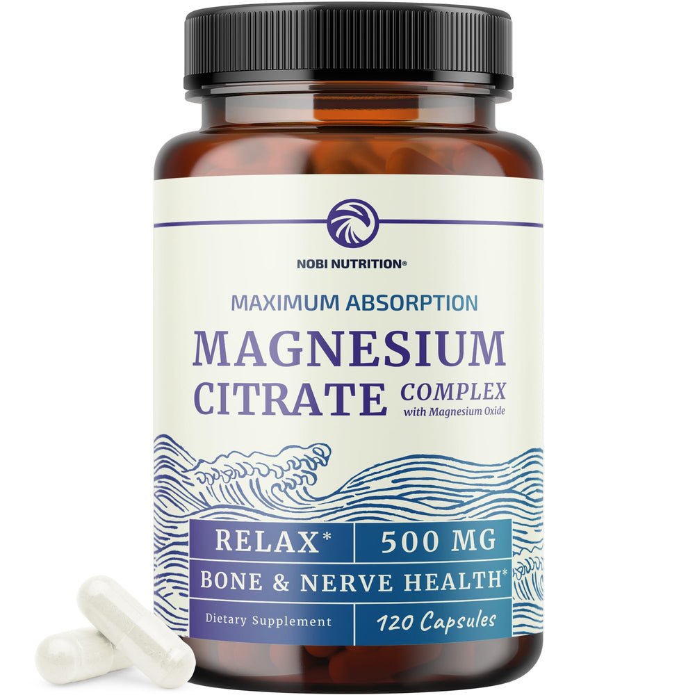 Nobi Nutrition Magnesium Citrate Complex bottle front shows label for daily digestion support.