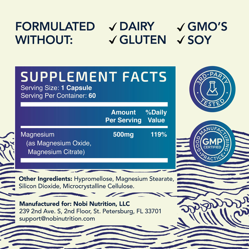 Nobi Nutrition Magnesium Citrate Complex bottle perspective highlights 2 month supply.