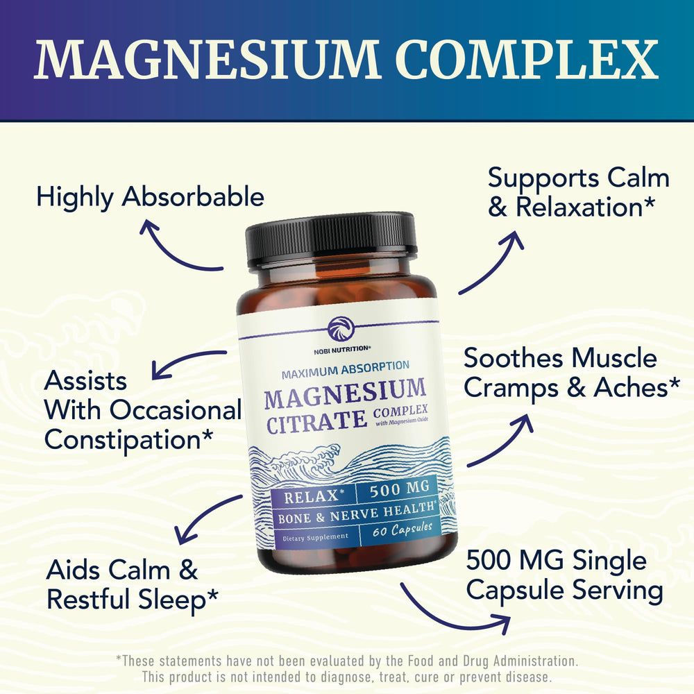 Nobi Nutrition Magnesium Citrate Complex capsules closeup for easy daily dosing.