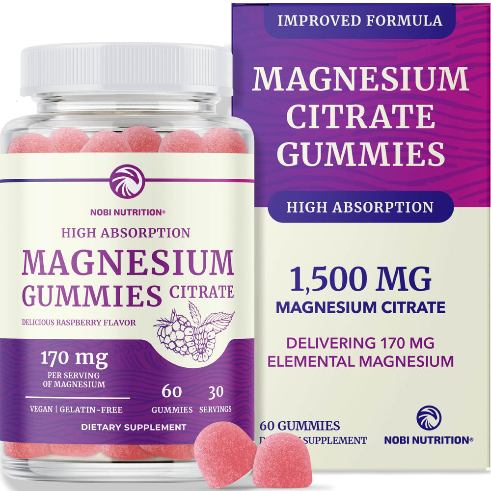 Nobi Nutrition Magnesium Citrate Gummies bottle front for daily calm and digestive support.