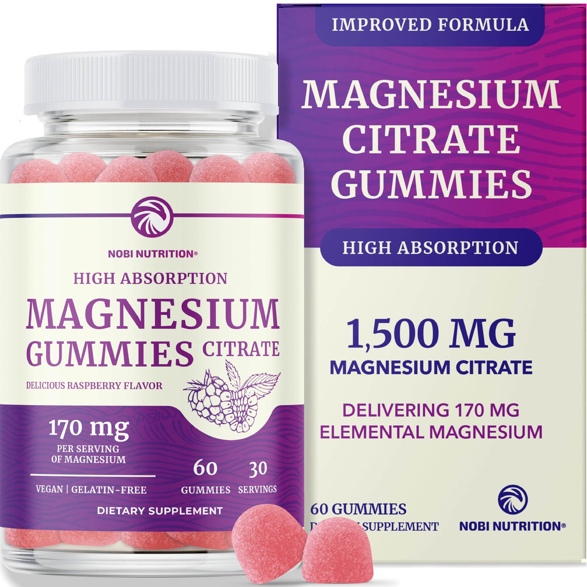 Nobi Nutrition Magnesium Citrate Gummies bottle front for daily calm and digestive support.