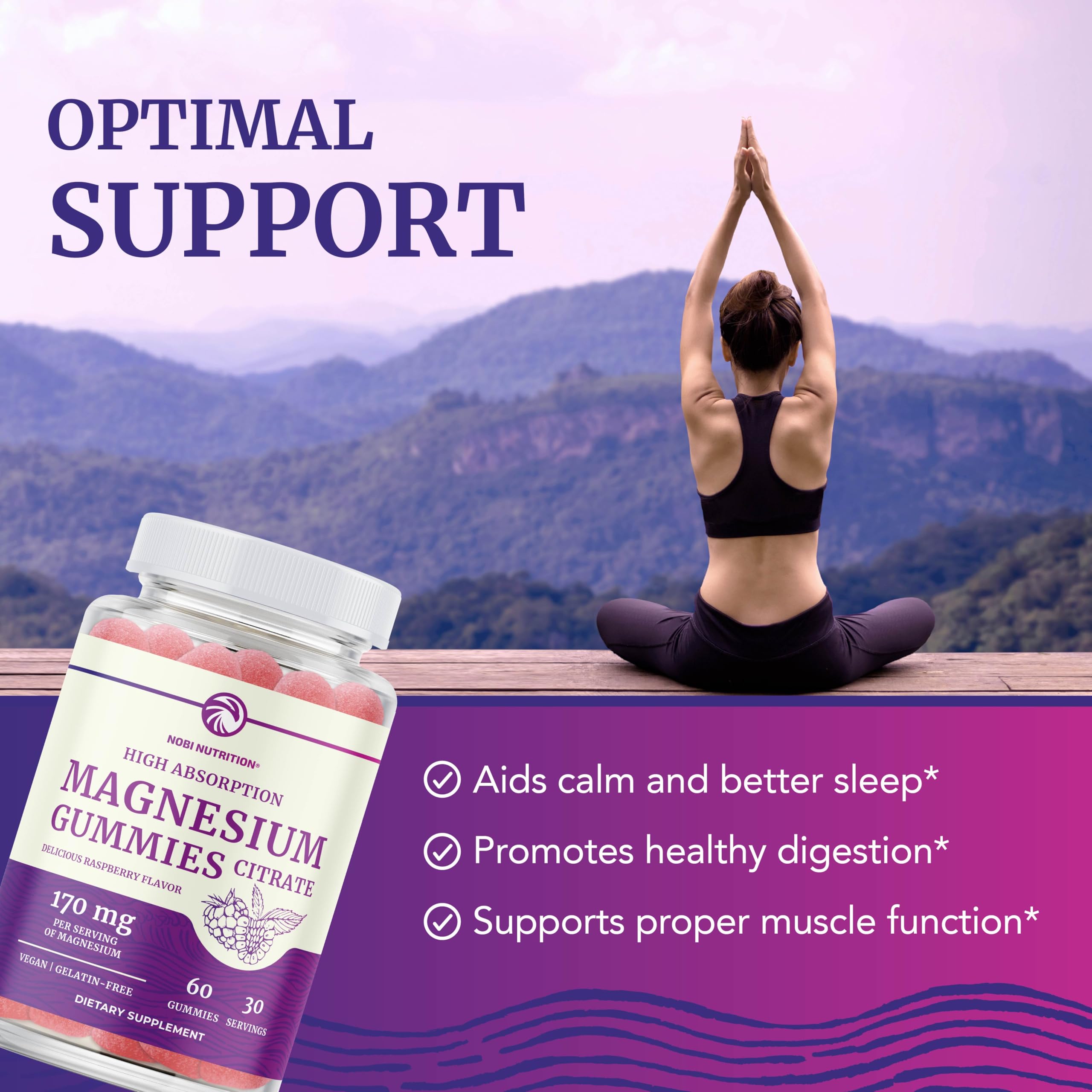 Nobi Nutrition Magnesium Citrate Gummies raspberry flavor highlights tasty, convenient supplement option.