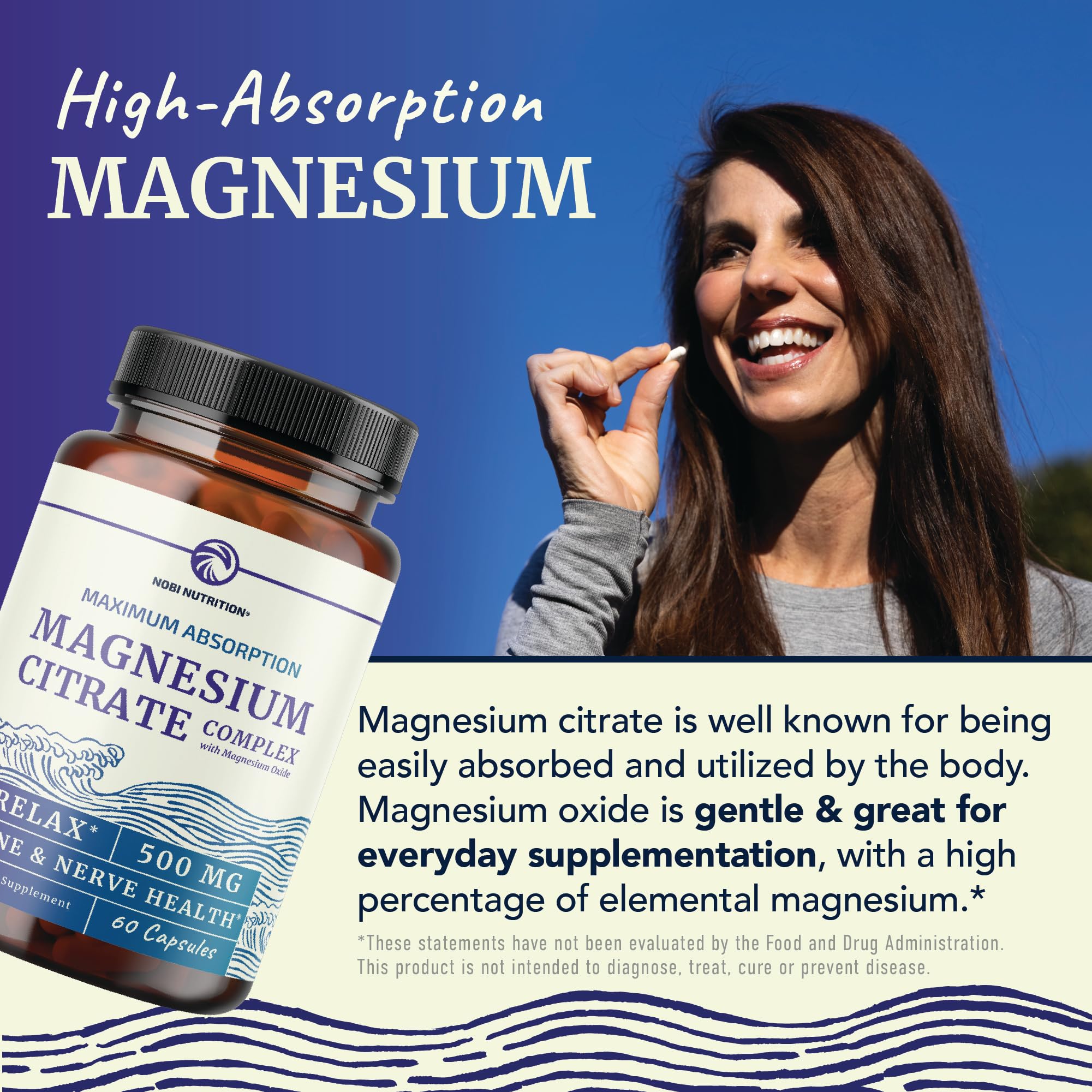 Nobi Nutrition Magnesium Citrate Complex label front highlights high absorption.