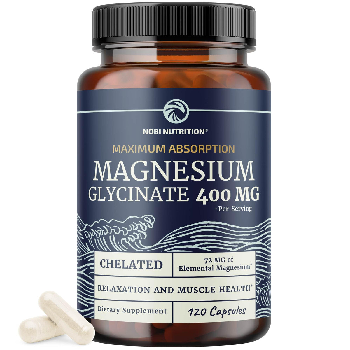 Nobi Nutrition Magnesium Glycinate 400mg bottle highlights high absorbability for daily use.