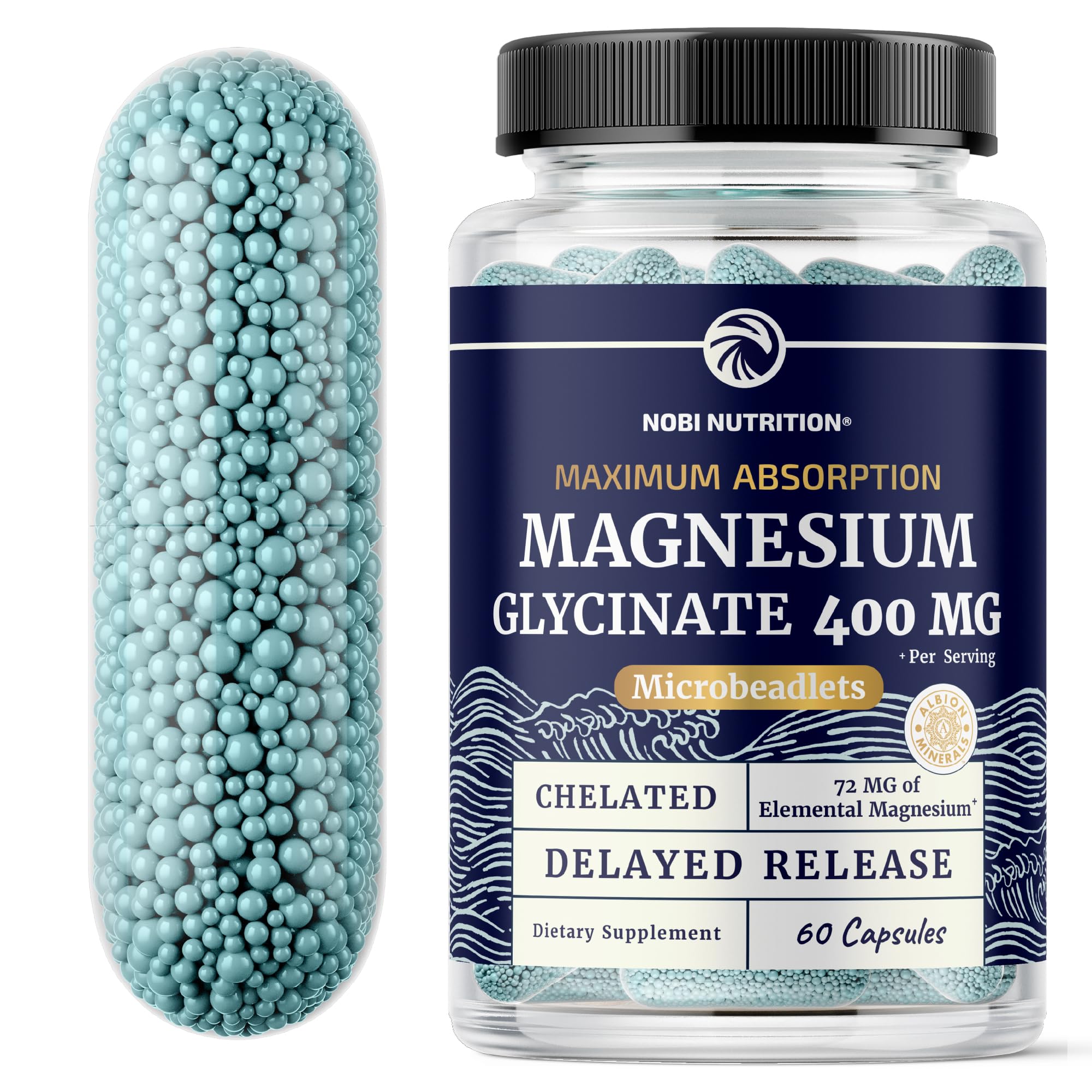 Nobi Nutrition Magnesium Glycinate 400mg bottle showing premium absorption formula for relaxed evenings