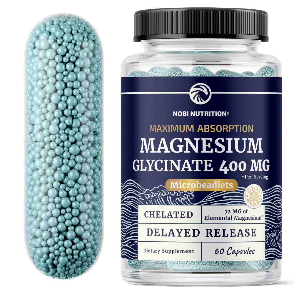 Nobi Nutrition Magnesium Glycinate 400mg bottle showing premium absorption formula for relaxed evenings