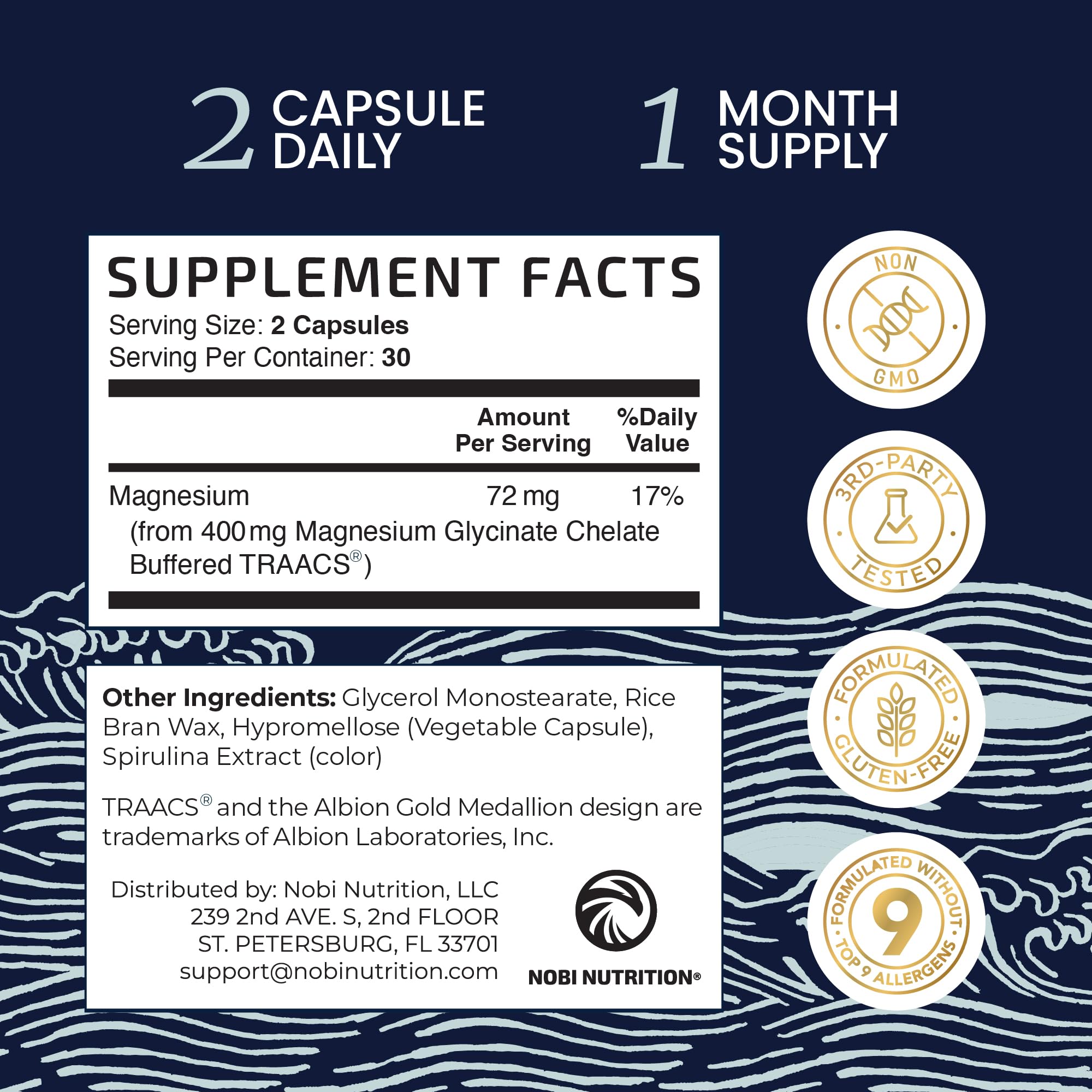Nobi Nutrition Magnesium Glycinate gluten-free stamp emphasizing allergen-friendly nutrition
