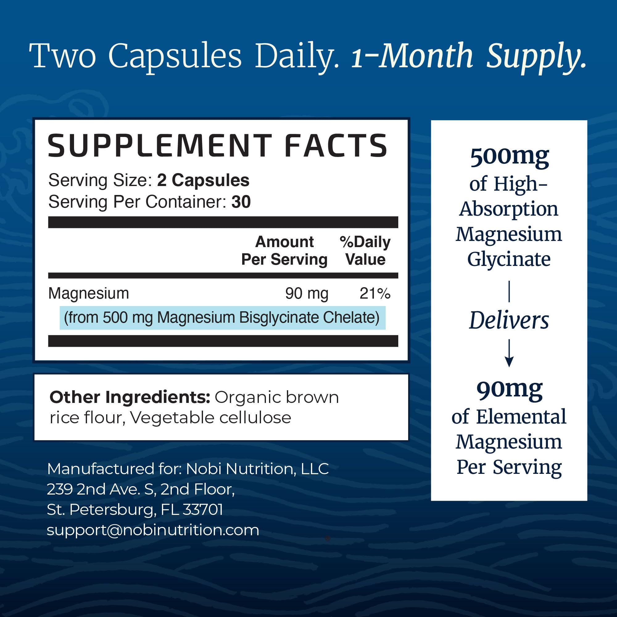 Nobi Nutrition Magnesium Glycinate GMP facility badge signals strict production standards.