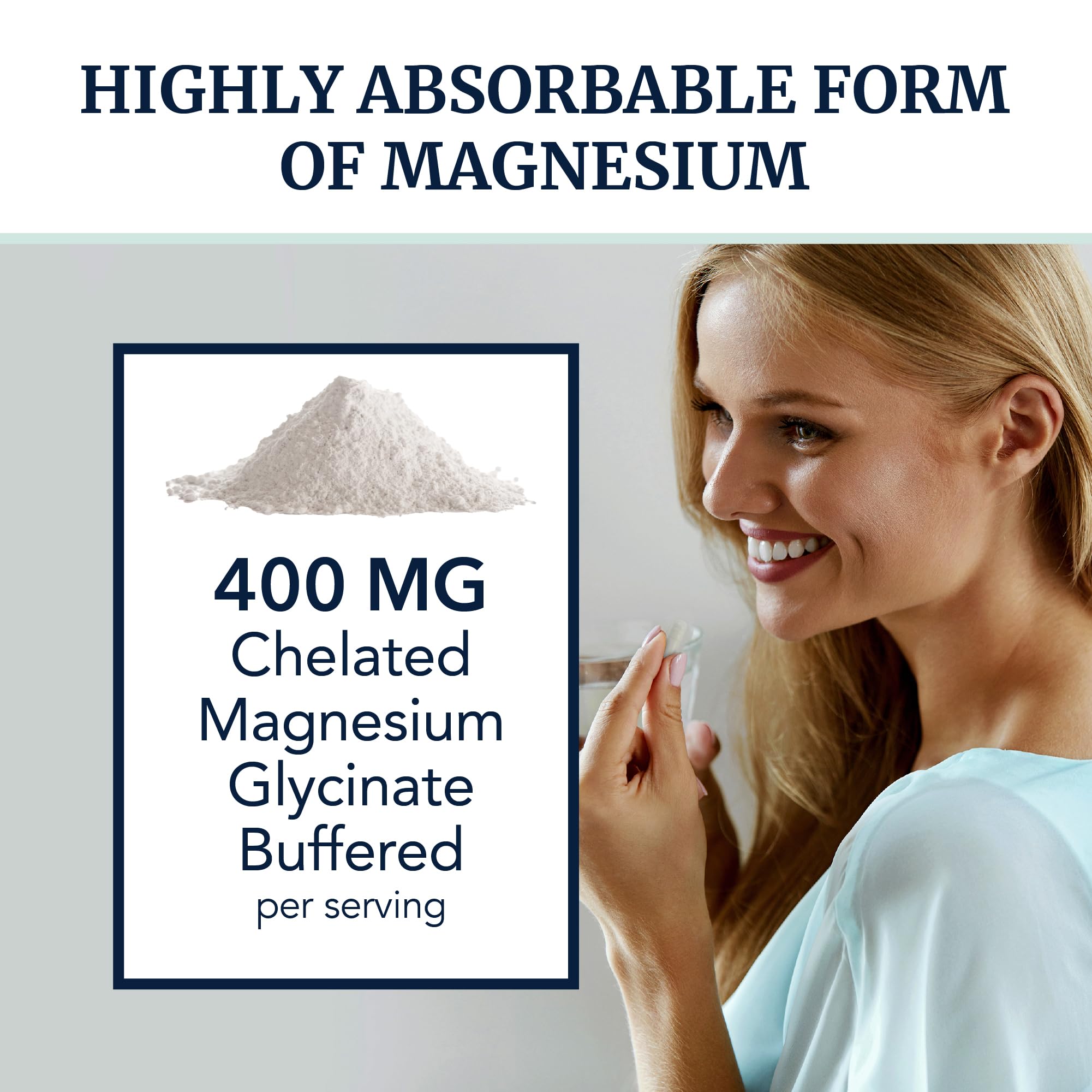 Capsules close-up showing small, easy-to-swallow magnesium glycinate capsules.