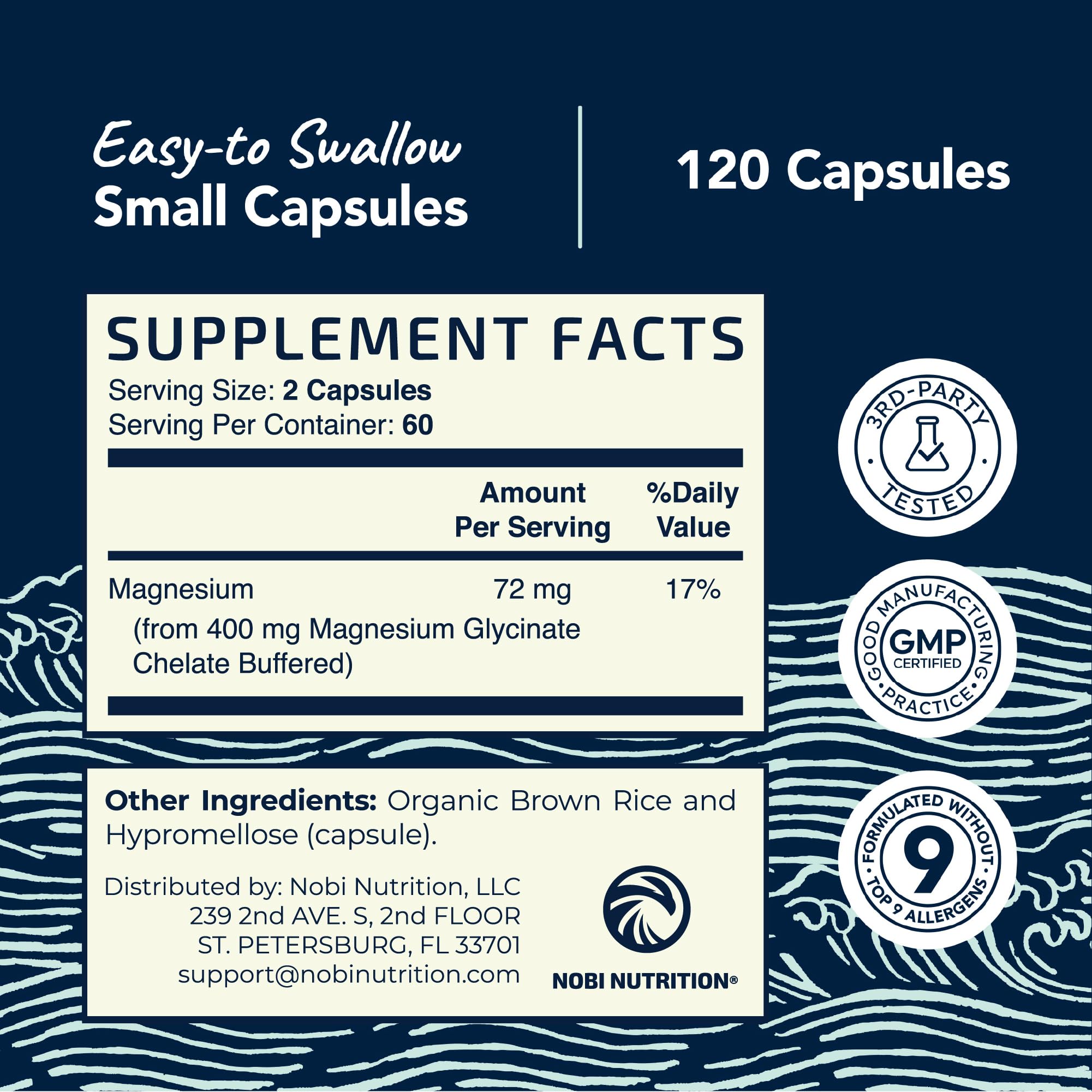 Label close-up reveals chelated magnesium glycinate form and allergen-friendly notes.