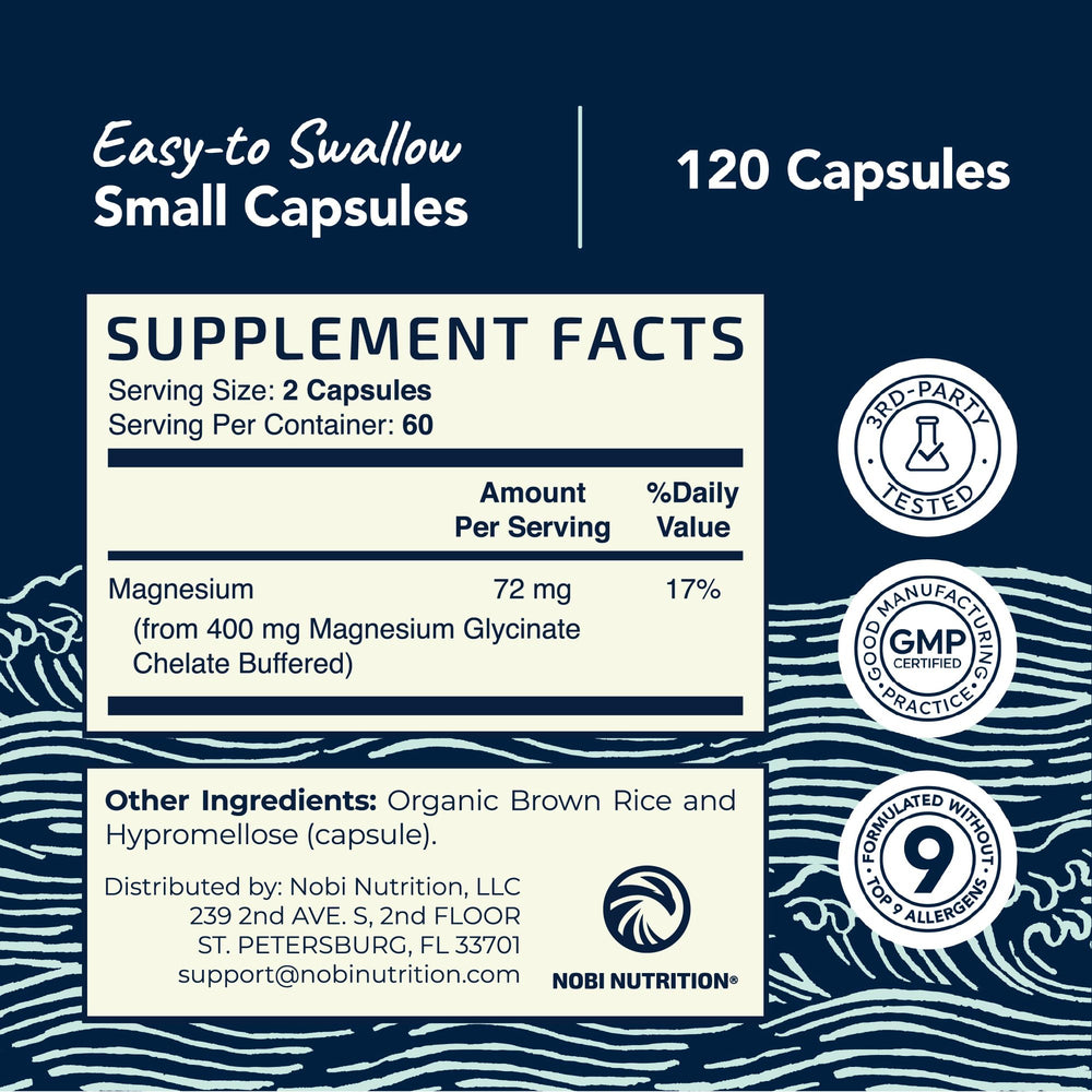 Label close-up reveals chelated magnesium glycinate form and allergen-friendly notes.