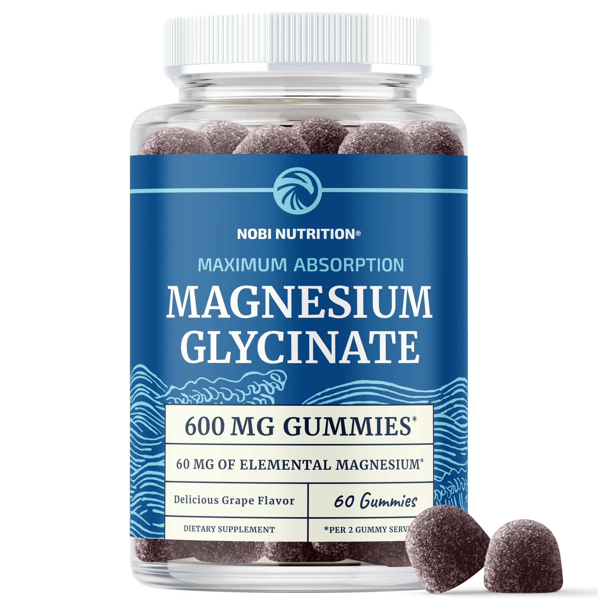 Nobi Nutrition Magnesium Gummies bottle showing 600mg formula for daily wellness.