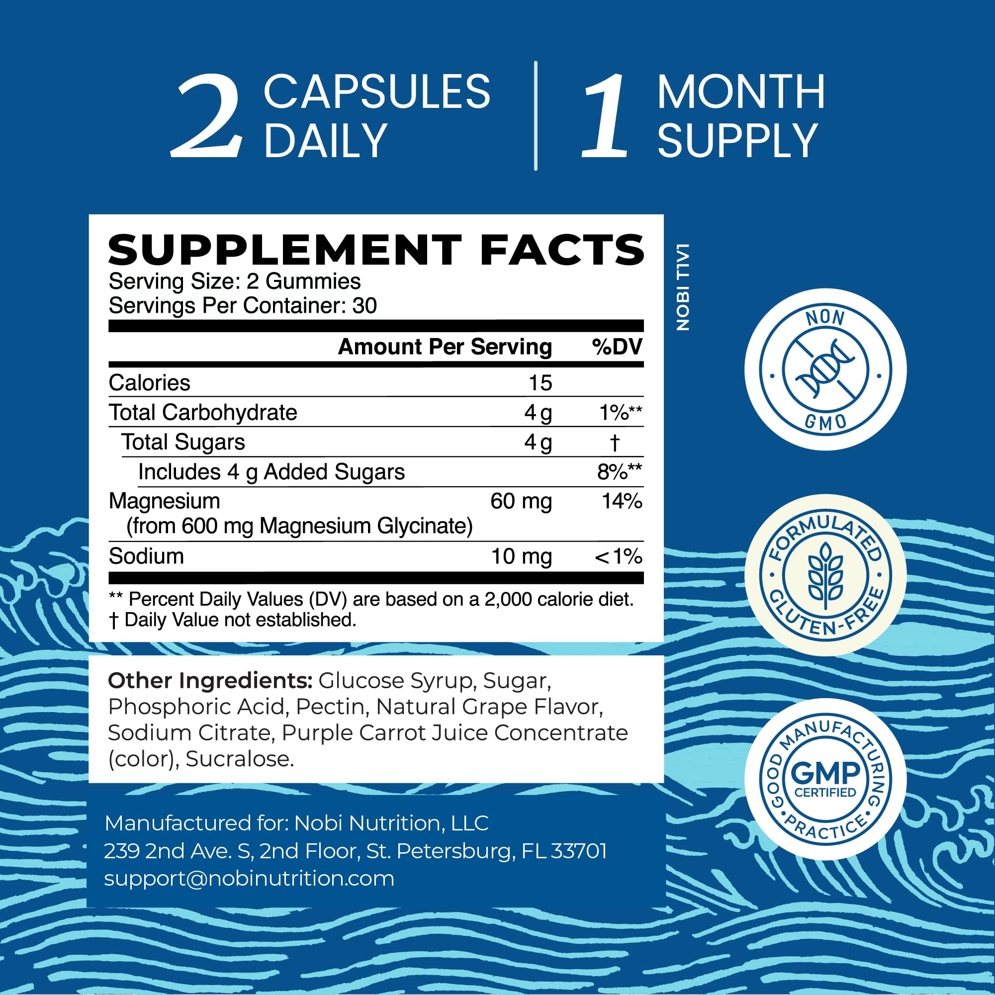 Nobi Nutrition magnesium gummies serving pouch illustrating portion control and portability.