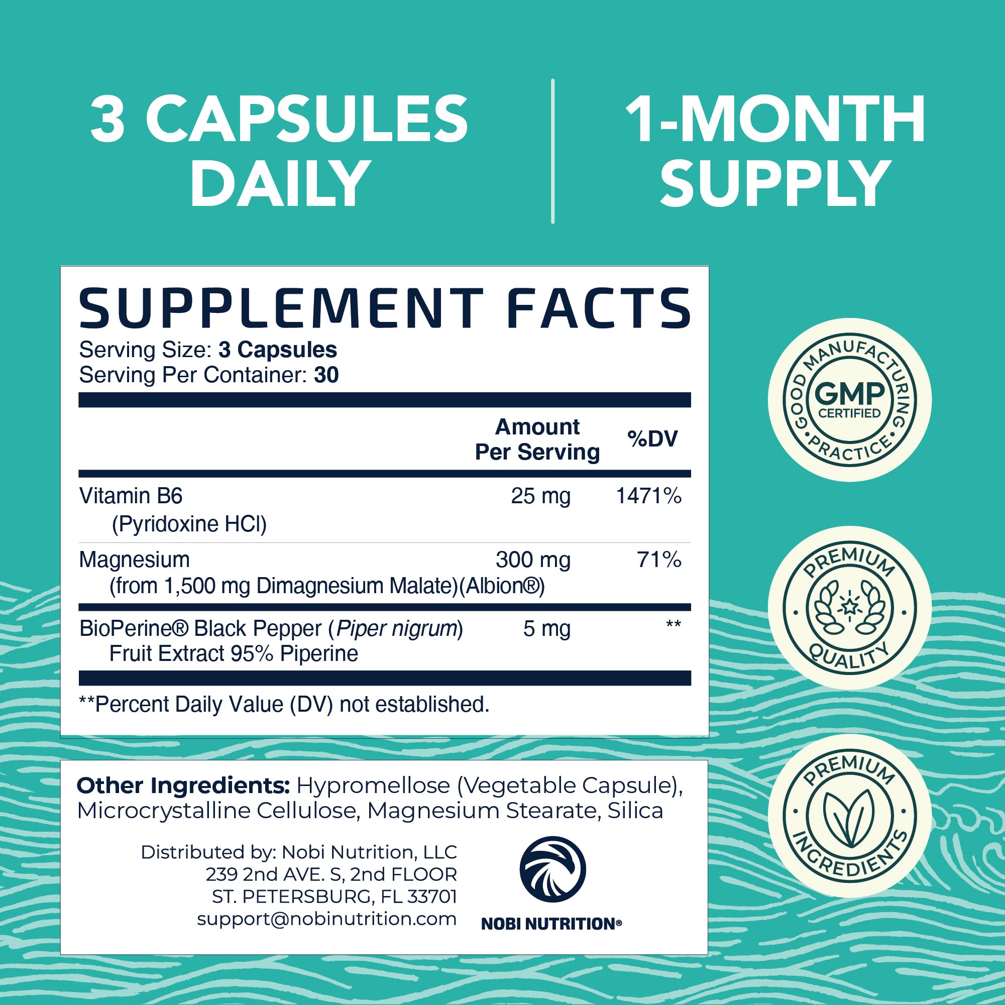 Nobi Nutrition Magnesium Malate bioperine-black pepper capsule closeup.