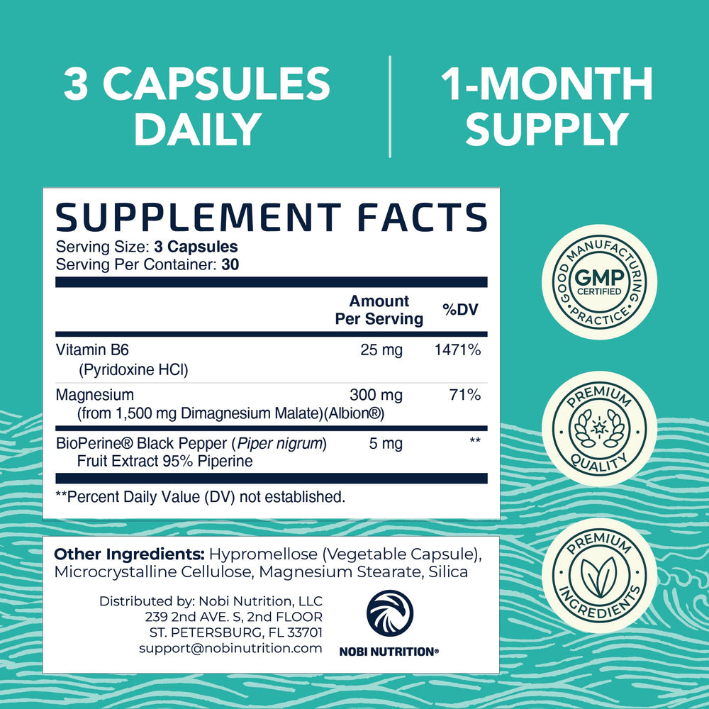 Nobi Nutrition Magnesium Malate bioperine-black pepper capsule closeup.