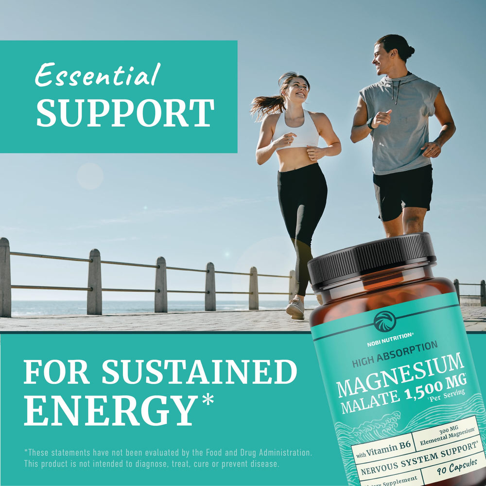 Nobi Nutrition Magnesium Malate bottle open with capsules visible.