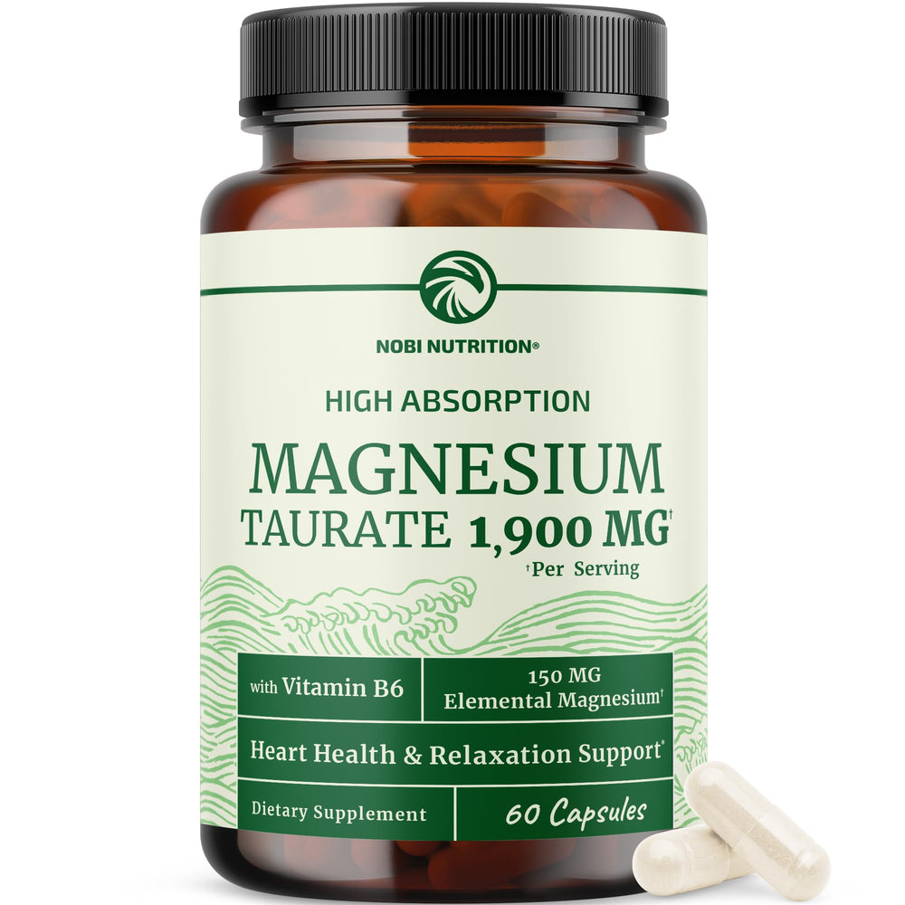 Nobi Nutrition Magnesium Taurate 1900mg bottle, potential heart support and relaxation aid.