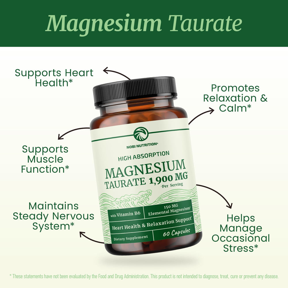 Close-up of capsules highlighting high-absorption Magnesium Taurate formula.