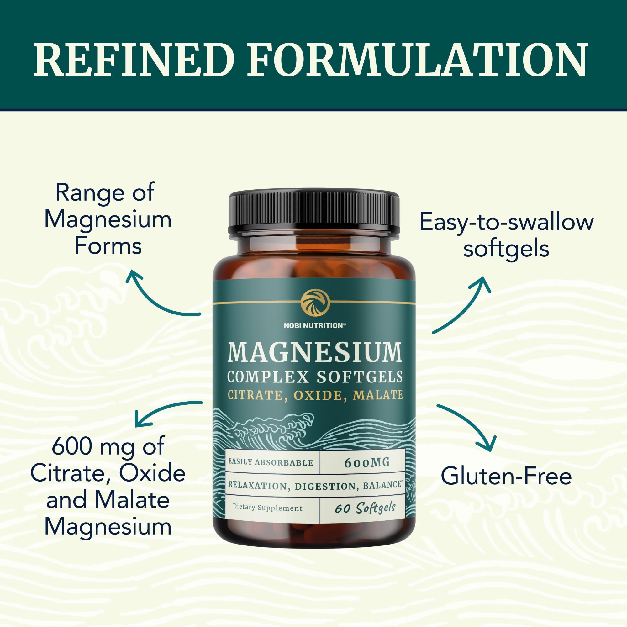 Nobi Nutrition Triple Magnesium Softgels label detail emphasizing citrate, malate, oxide blend