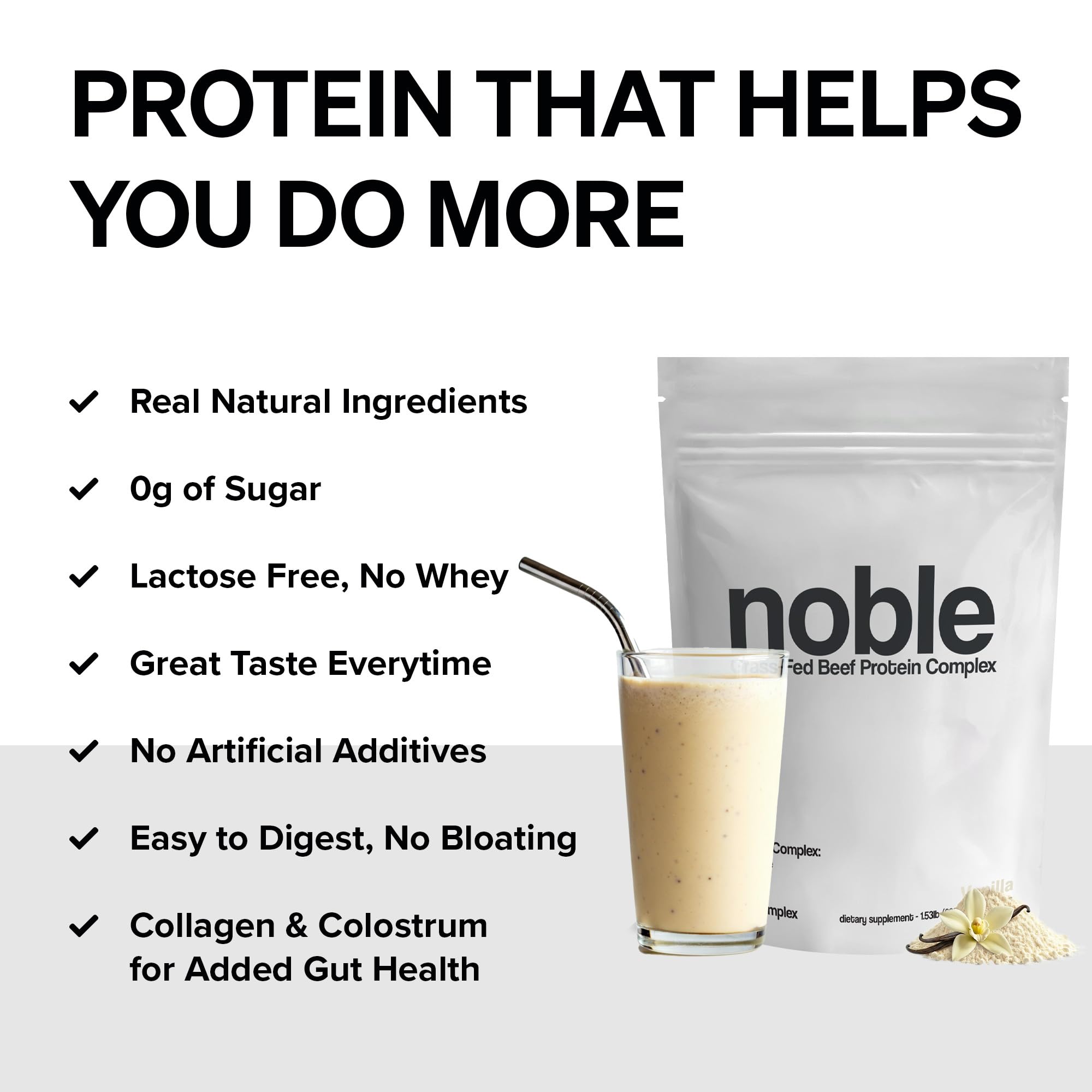 Noble Origins collagen-enriched beef protein close-up showing recovery-friendly amino acids