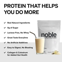 Noble Origins collagen-enriched beef protein close-up showing recovery-friendly amino acids